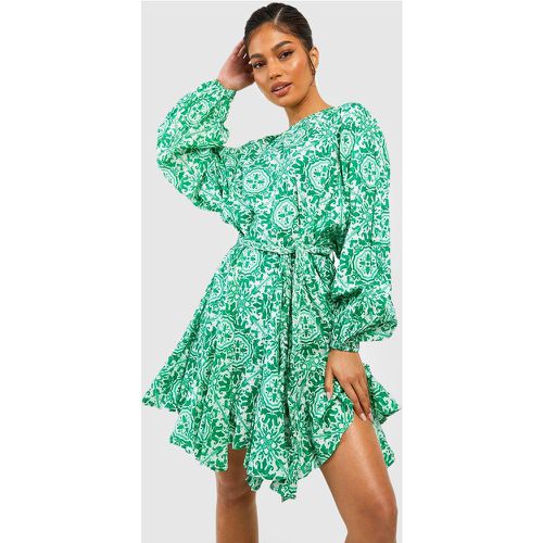 Robe Patineuse Imprimée En Coton À Ceinture - boohoo - Modalova