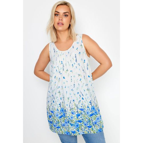 Curve White & Blue Floral Print Dipped Hem Pleated Vest, Grande Taille & Courbes - Yours - Modalova