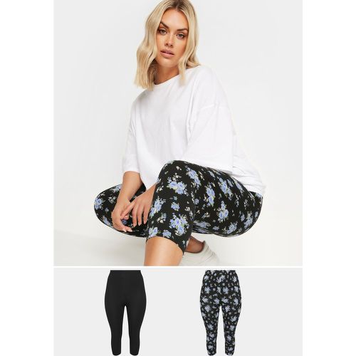 Curve 2 Pack Black & Blue Floral Print Cropped Leggings, Grande Taille & Courbes - Yours - Modalova