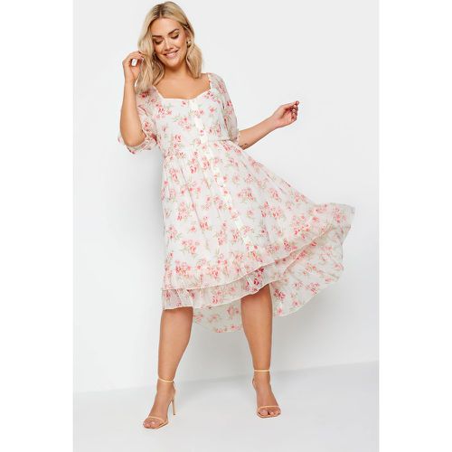 Robe Blanche Midi Floral Rose Ourlet Plongeant , Grande Taille & Courbes - Limited Collection - Modalova