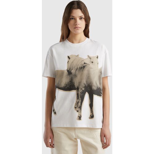 Benetton, T-shirt Chaud À Imprimé Chevaux, taille M, Blanc - United Colors of Benetton - Modalova