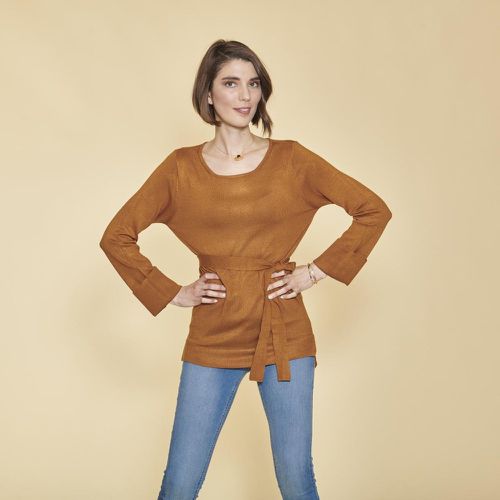 Pull asymétrique col bateau manches longues et ceinture - en viscose - 3 SUISSES - Modalova