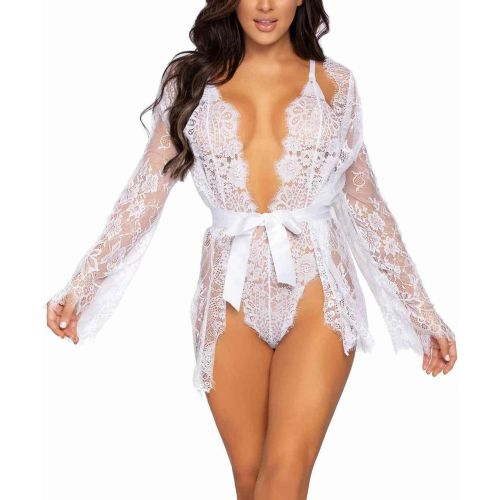 Ensemble 3 pièces - Body, robe dentelle et ceinture en satin - Blanc - Leg Avenue - Modalova