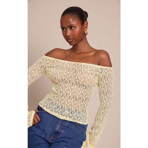 Top long en dentelle texturée transparente à col bardot et manches évasées | Taille 38 - PrettyLittleThing - Modalova