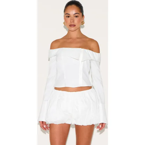 Chemise en effet lin mélangé à col bardot et boutons - PrettyLittleThing - Modalova