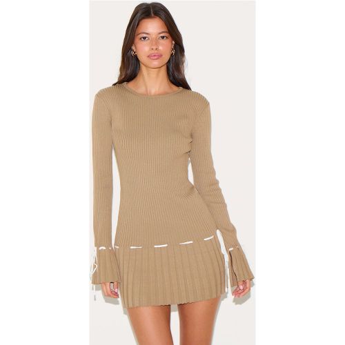 Mini robe en maille tricot côtelée plissée à manches longues et détail noué contrastant - PrettyLittleThing - Modalova