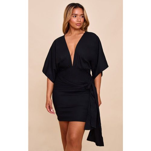 Shape Black Effet Lin Plunge Front Batwing Wrap Tie Waist Mini Dress - PrettyLittleThing - Modalova