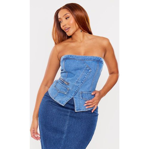 Shape Top corset bustier en jean bleu moyen délavé à détail zip - PrettyLittleThing - Modalova