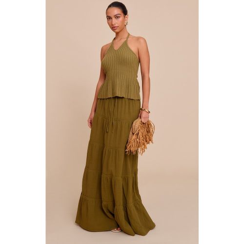 Jupe Mi-Longue Taille Élastiquée Coton Olive - PrettyLittleThing - Modalova