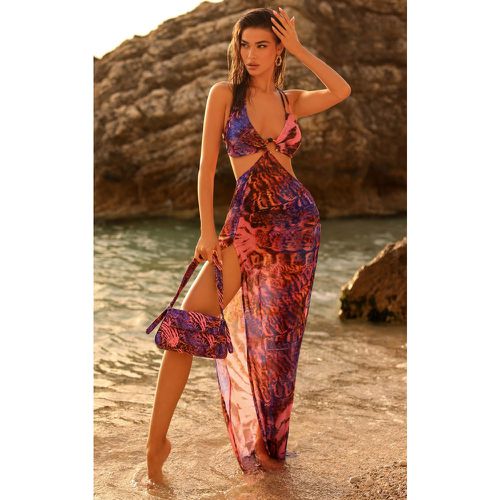 Robe de plage longue en mesh imprimé animal à découpes et empiècement en pierre - PrettyLittleThing - Modalova