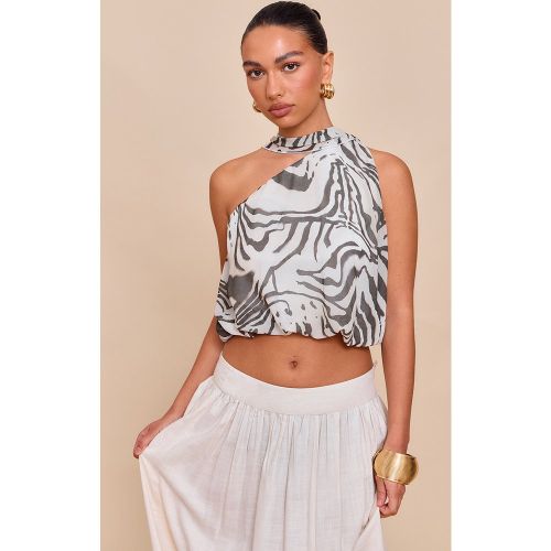 Top bouffant en mousseline de soie et blanche imprimé zèbre à détail foulard / | Taille 40 - PrettyLittleThing - Modalova