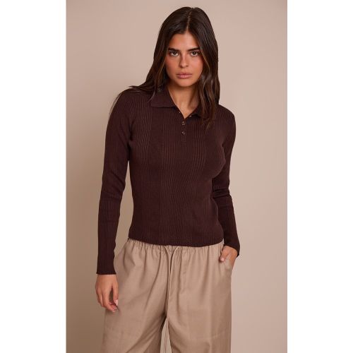 Top polo en maille tricot côtelée à manches longues | Taille Large - PrettyLittleThing - Modalova