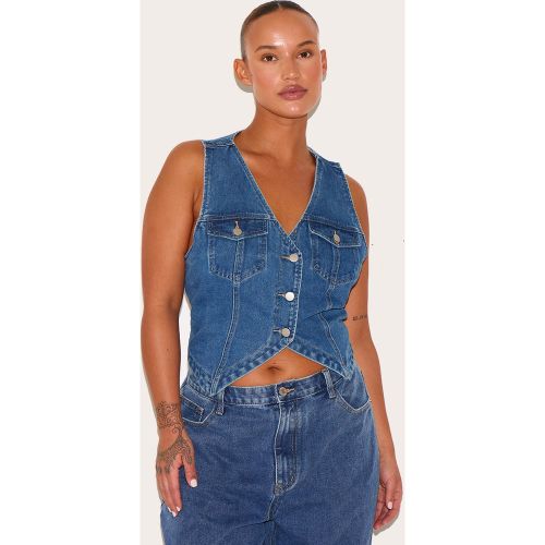 Plus Veston en jean délavé indigo bleu à dos nu et boutons à l'avant - PrettyLittleThing - Modalova