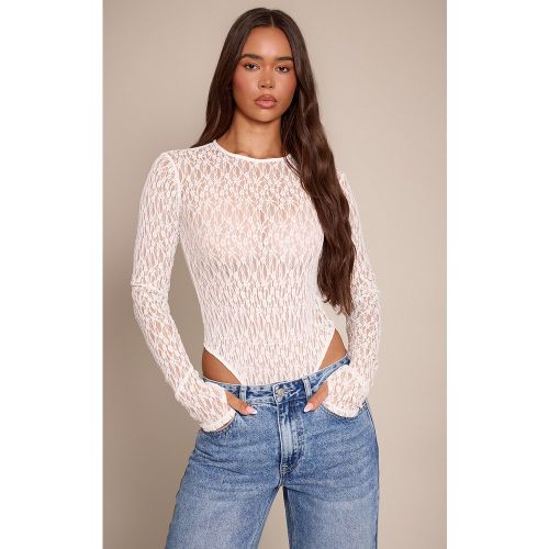 Body en dentelle texturée blanche transparente à manches longues | Taille 38 - PrettyLittleThing - Modalova