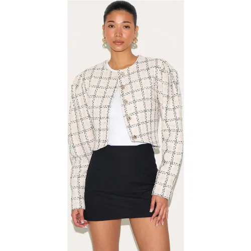 Veste en maille tweed blanche à boutons et manches froncées - PrettyLittleThing - Modalova