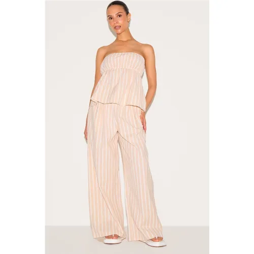Petite Pantalon large fluide en effet lin à fines rayures - PrettyLittleThing - Modalova