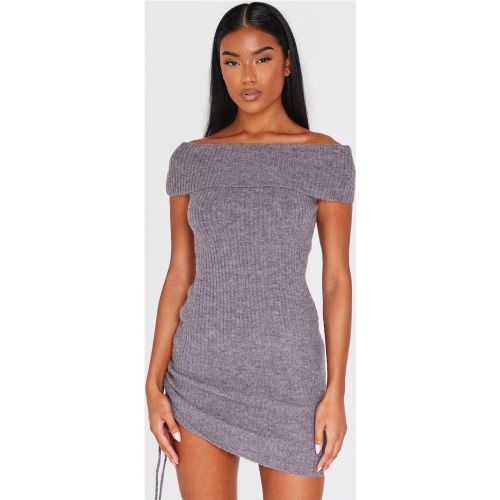 Mini robe en maille tricot côtelée à col bardot et détail noué sur le côté - PrettyLittleThing - Modalova