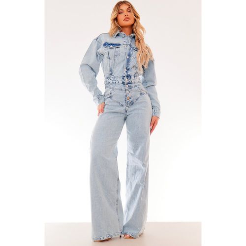 Combinaison en jean bleu clair délavé à boutons et détail coutures - PrettyLittleThing - Modalova