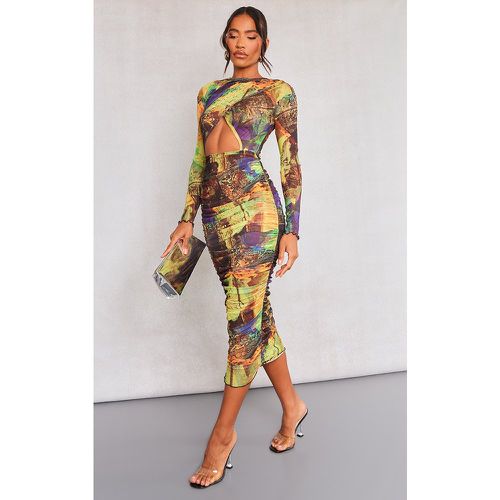 Robe mi-longue imprimé abstrait en mesh froncé à manches longues - PrettyLittleThing - Modalova