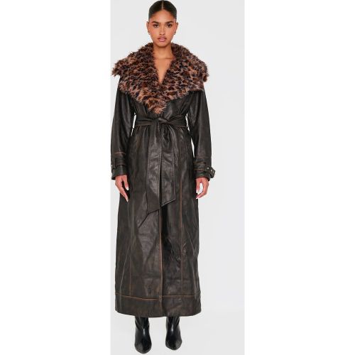 Trench en PU à bordure en fausse fourrure léopard contrastée détachable - PrettyLittleThing - Modalova
