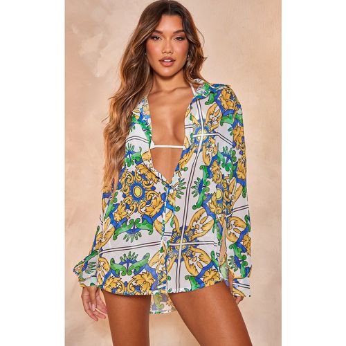 Chemise de plage oversize en mousseline de soie à imprimé Amalfi contrastant - PrettyLittleThing - Modalova