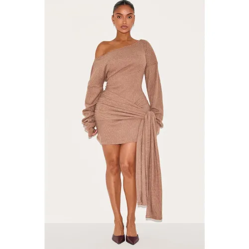Shape Mini robe côtelée brossée à col bateau et détail noué sur la taille - PrettyLittleThing - Modalova