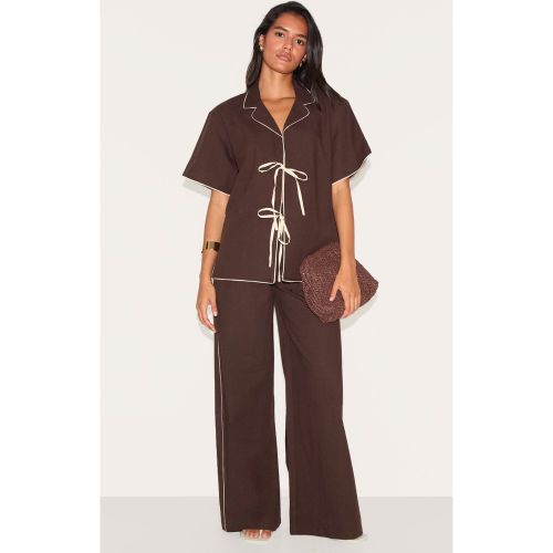 Pantalon droit en effet lin à bordures contrastantes - PrettyLittleThing - Modalova