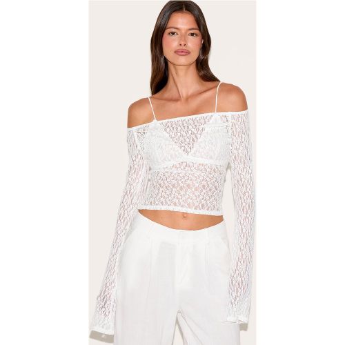Top long en dentelle texturée blanche transparente à col bardot et manches évasées - PrettyLittleThing - Modalova