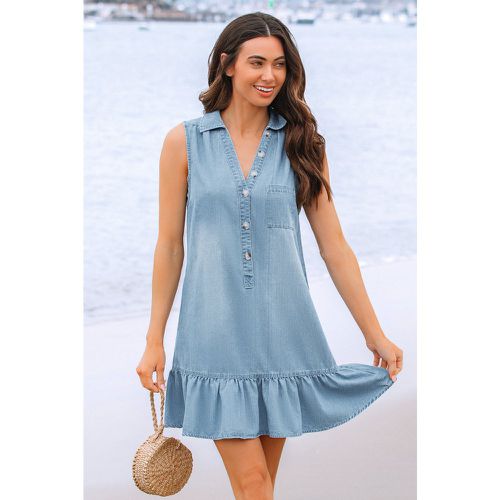 Robe courte en pur coton et denim à col de chemise sans manches - CUPSHE - Modalova