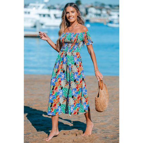 Robe maxi avec épaule dénudée à smocks et fleurs tropicales - CUPSHE - Modalova