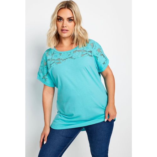 Curve Blue Floral Mesh Panel Tshirt, Grande Taille & Courbes - Yours - Modalova