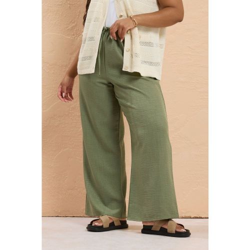 Pantalon Wide Leg Vert Kaki Plissé En Lin Size 48 - Yours - Modalova