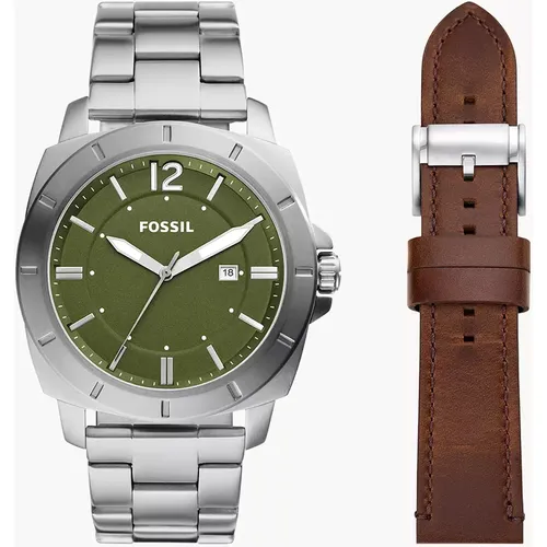 Coffret montre Privateer à trois aiguilles avec date en acier inoxydable et bracelet - Fossil Outlet - Modalova