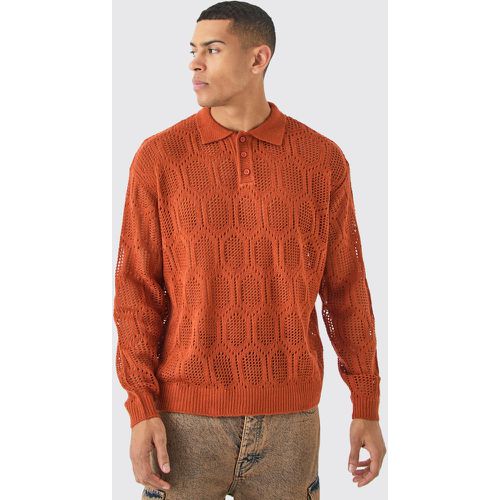Oversized Long Sleeve Crochet Polo In Rust - Boohooman - Modalova