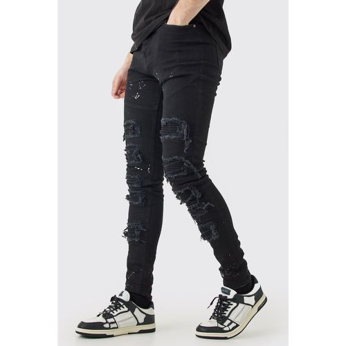 Tall Super Skinny Pu Biker Rip & Repair Paint Splatter Jeans - Boohooman - Modalova