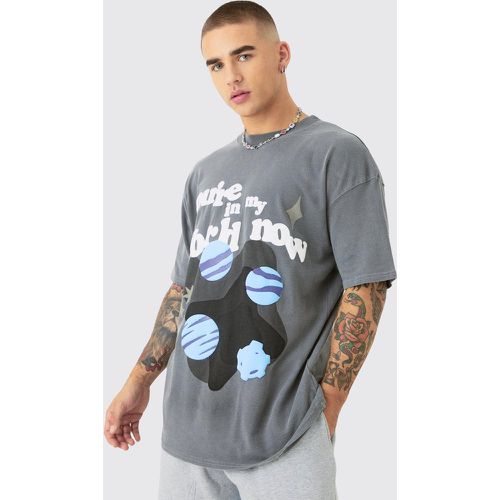 Oversized Washed Space Puff Print T-shirt - Boohooman - Modalova