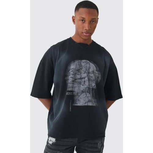 T-shirt oversize délavé imprimé à col V - L - Boohooman - Modalova