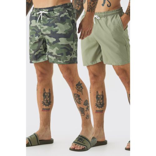 Lot de 2 shorts de bain mi-longs uni et à imprimé camouflage - S - Boohooman - Modalova