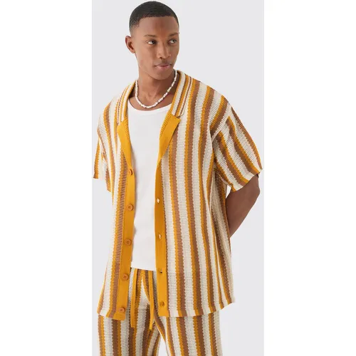 Oversized Boxy Open Stitch Stripe Knit Shirt In Mustard - Boohooman - Modalova