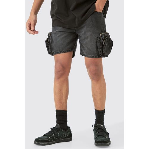 Slim Fit 3d Cargo Pocket Denim Shorts In Washed Black - Boohooman - Modalova