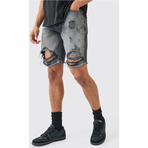 Relaxed Rigid Long Length Ripped Denim Shorts In Washed Black - Boohooman - Modalova