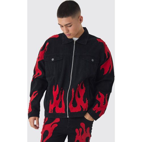 Veste oversize en jean à écusson flammes - S - Boohooman - Modalova