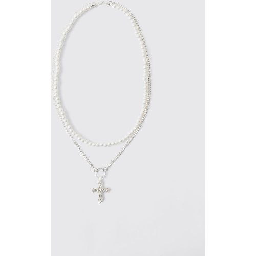 Collier perlé à chaînes superposées et pendentif croix - ONE SIZE - Boohooman - Modalova