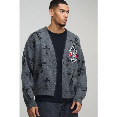 Cardigan oversize en maille brossée à imprimé croisé - S - Boohooman - Modalova