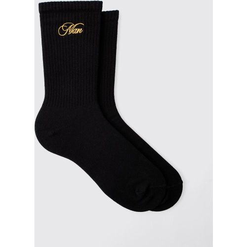 Black MAN Embroidered Ribbed Sport Sock - ONE SIZE - Boohooman - Modalova