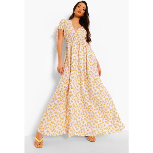 Robe Longue Froncée À Fleurs - Blanc Écru - 36, Blanc Écru - boohoo - Modalova