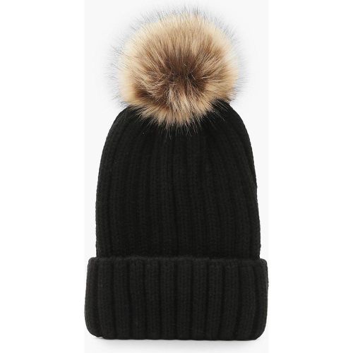 Bonnet Côtelé À Pompon En Fausse Fourrure - One Size - boohoo - Modalova