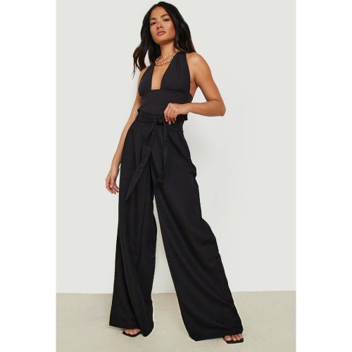 Pantalon Large Effet Lin À Ceinture - 38 - boohoo - Modalova