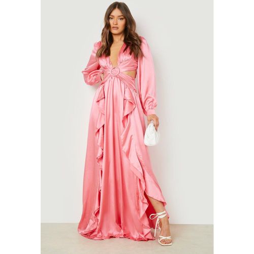 Robe Longue Satinée À Décolleté Plongeant Et Volants - 38 - boohoo - Modalova