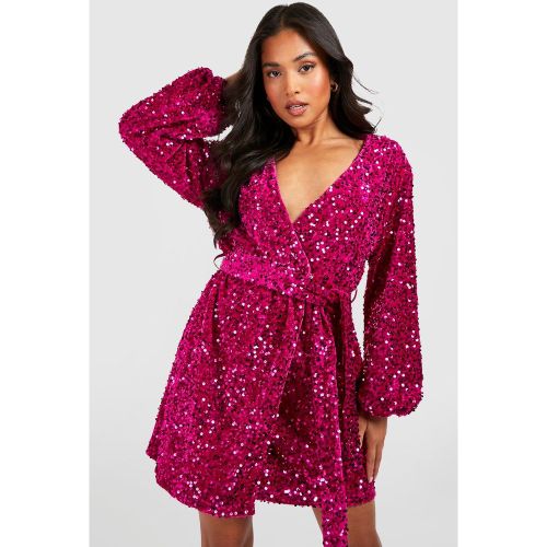 Petite" - Robe Portefeuille Pailletée En Velours - 32 - boohoo - Modalova